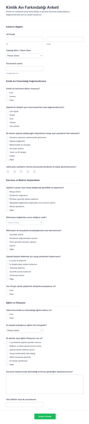 Kimlik Avı Farkındalık Anketi Form Şablonu