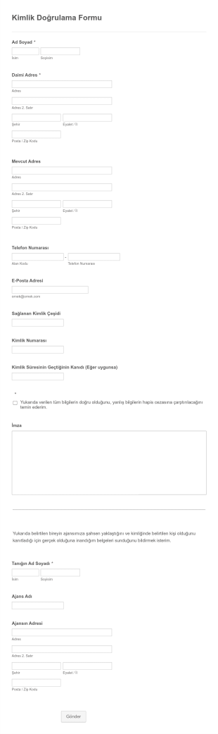 Kimlik Doğrulama Form Şablonu