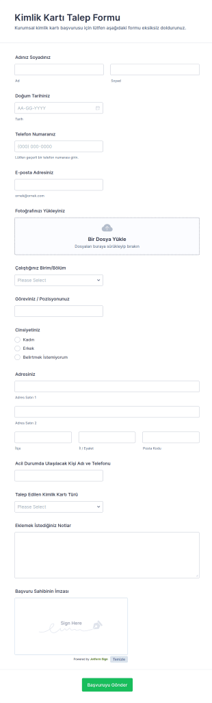 Kimlik Kartı Talep Form Şablonu