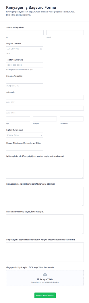 Kimyager İş Başvurusu Form Şablonu