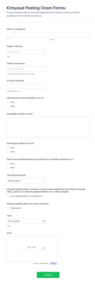 Kimyasal Peeling Onam Form Şablonu