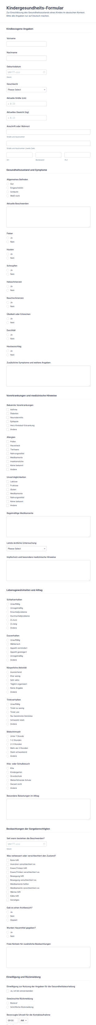 Kinder Gesundheitsbewertungsformular