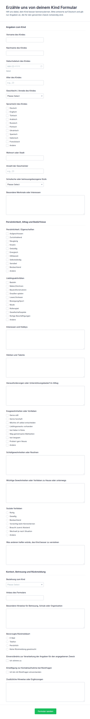 Kinder Informationsformular