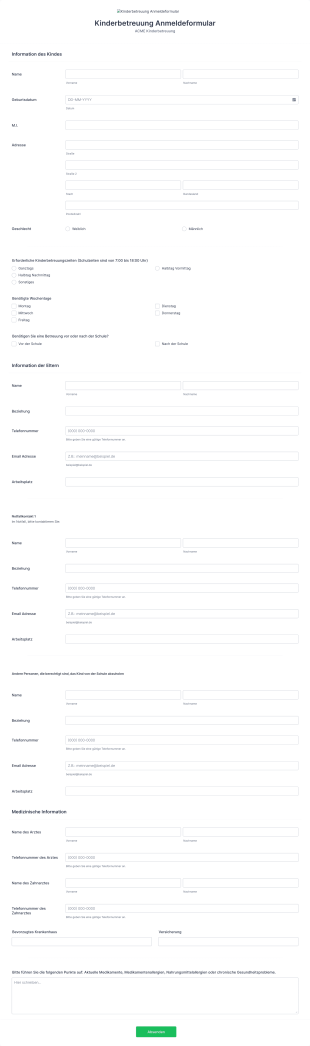 Kinderbetreuung Anmeldeformular Form Template