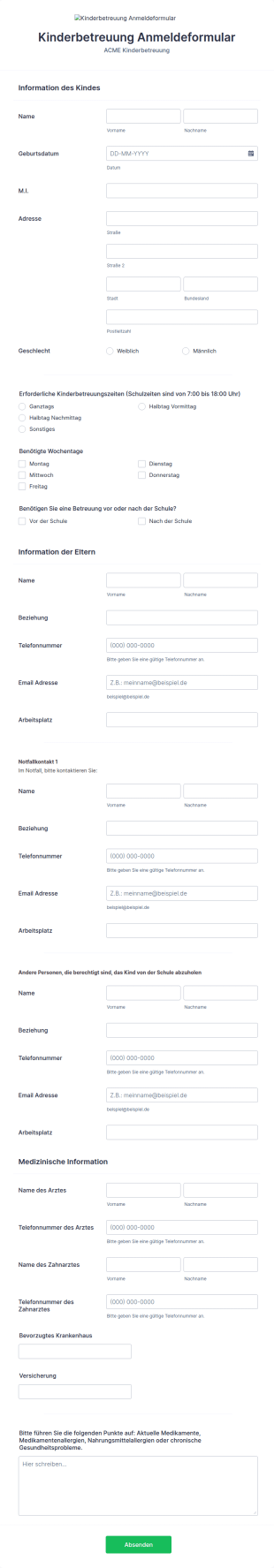 Kinderbetreuung Anmeldeformular
