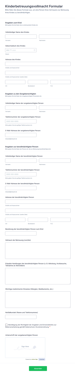 Kinderbetreuungsvollmacht Formular
