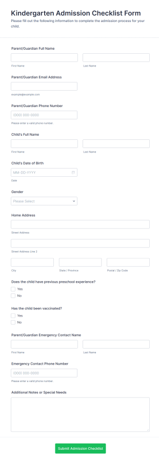 Kindergarten Admission Checklist Form Template