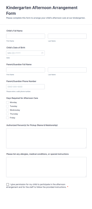 Kindergarten Afternoon Arrangement Form Template