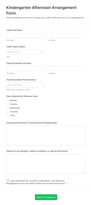 Kindergarten Afternoon Arrangement Form Template