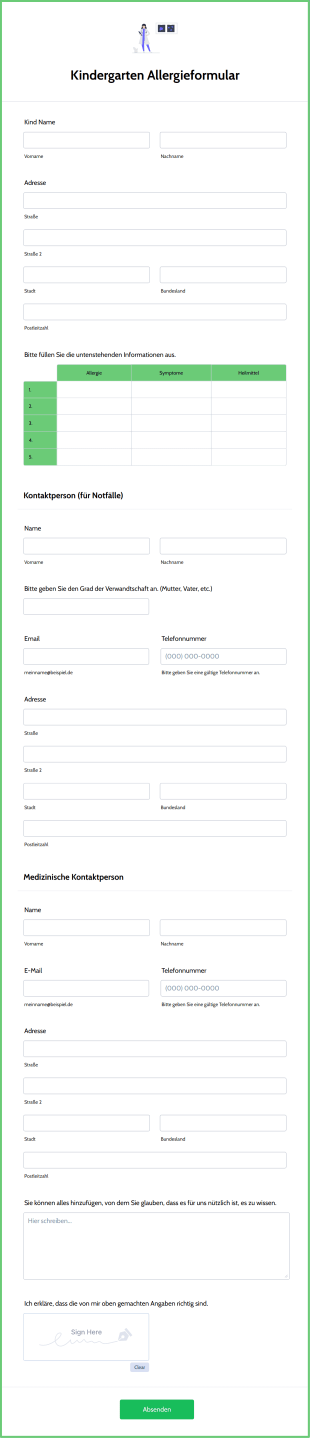 Kindergarten Allergieformular Form Template