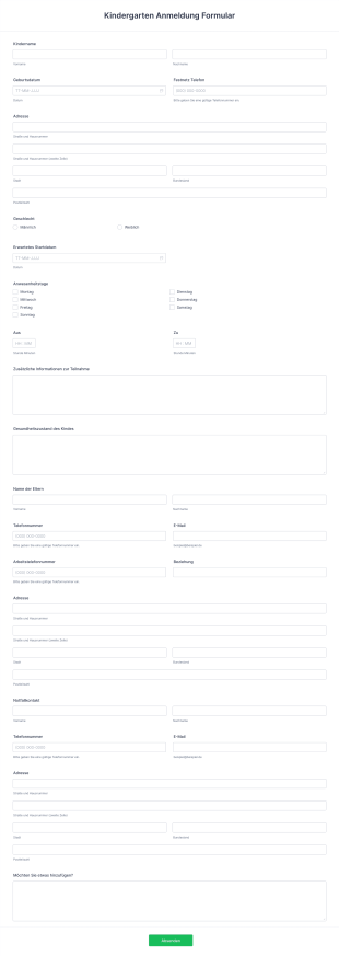 Kindergarten Anmeldung Formular Form Template