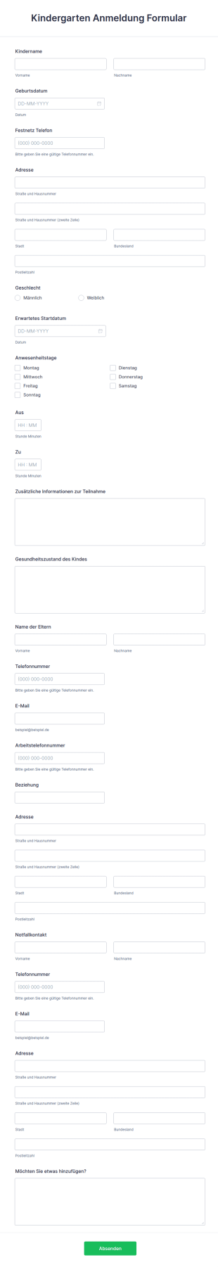 Kindergarten Anmeldung Formular