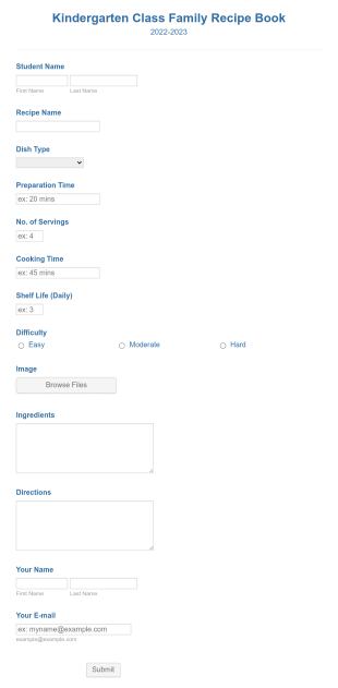Kindergarten Class Family Recipe Book Form Template