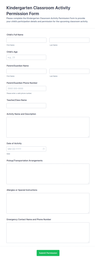 Kindergarten Classroom Activity Permission Form Template