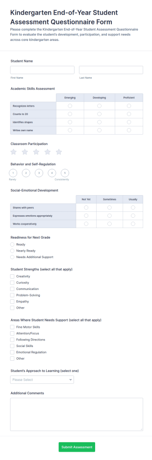 Kindergarten End Of Year Student Assessment Questionnaire Form Template