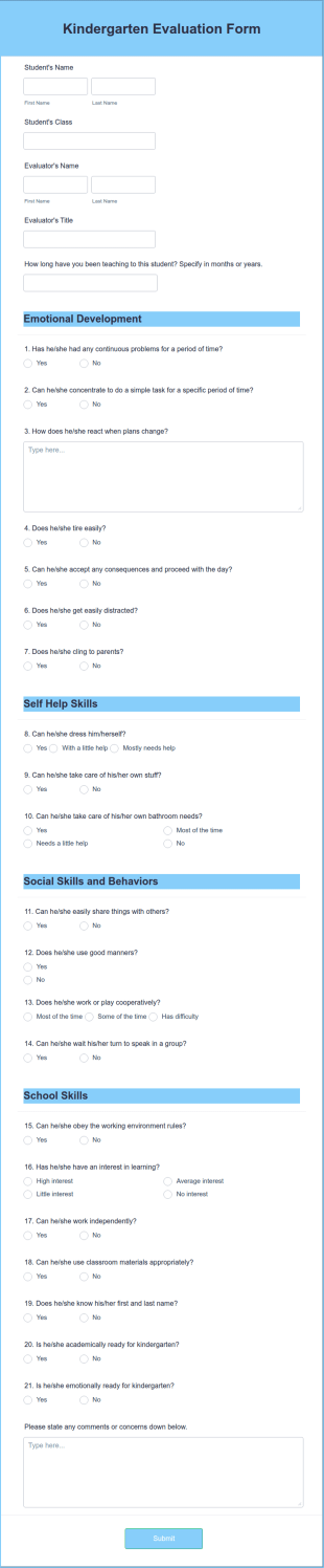Kindergarten Evaluation Form Template
