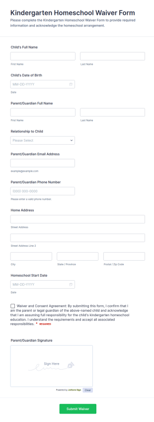 Kindergarten Homeschool Waiver Form Template