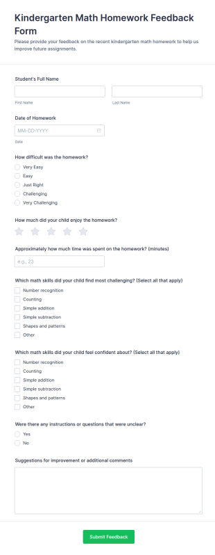 Kindergarten Math Homework Feedback Form Template