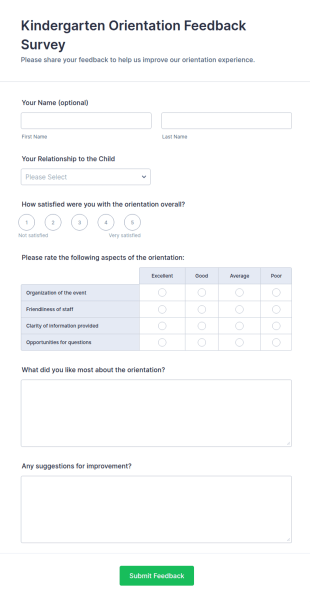 Kindergarten Orientation Feedback Survey Form Template