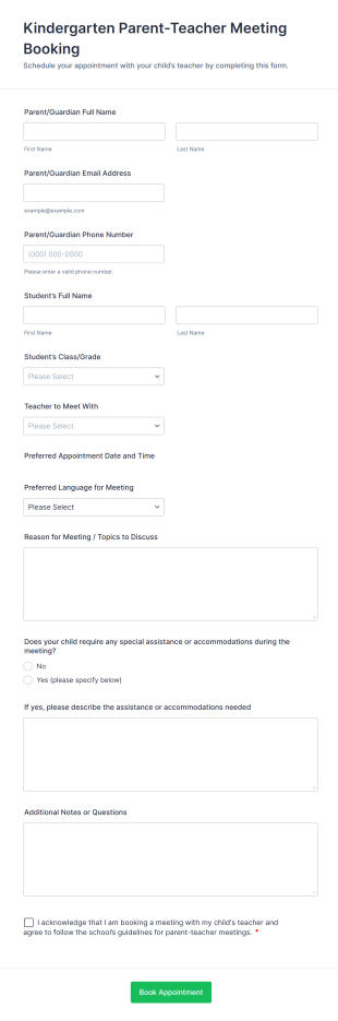 Kindergarten Parent Teacher Meeting Booking Form Template