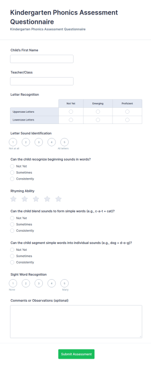Kindergarten Phonics Assessment Questionnaire Form Template