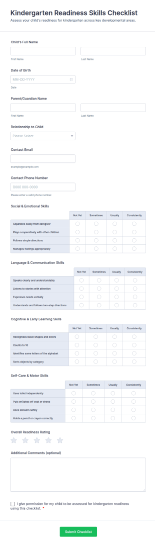 Kindergarten Readiness Skills Checklist Form Template