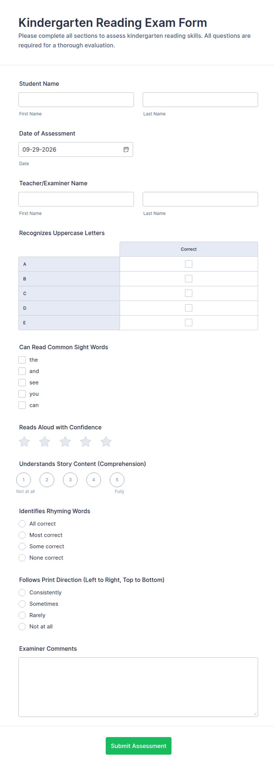 Kindergarten Reading Exam Form Template | Jotform