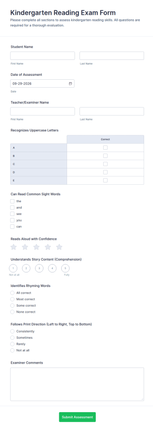 Kindergarten Reading Exam Form Template
