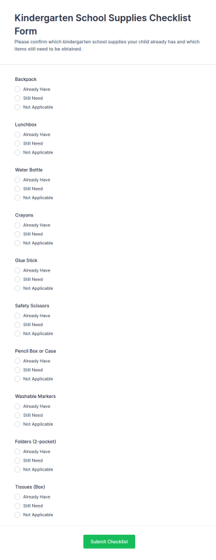 Kindergarten School Supplies Checklist Form Template