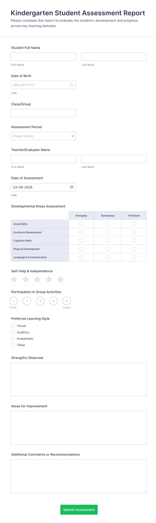 Kindergarten Student Assessment Report Form Template