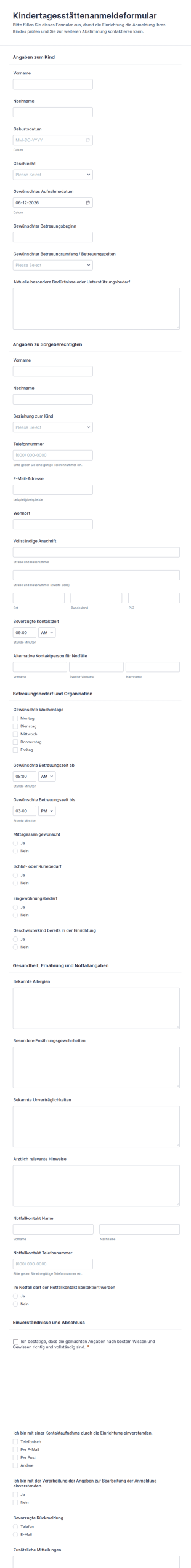 Kindergartenanmeldung Formular