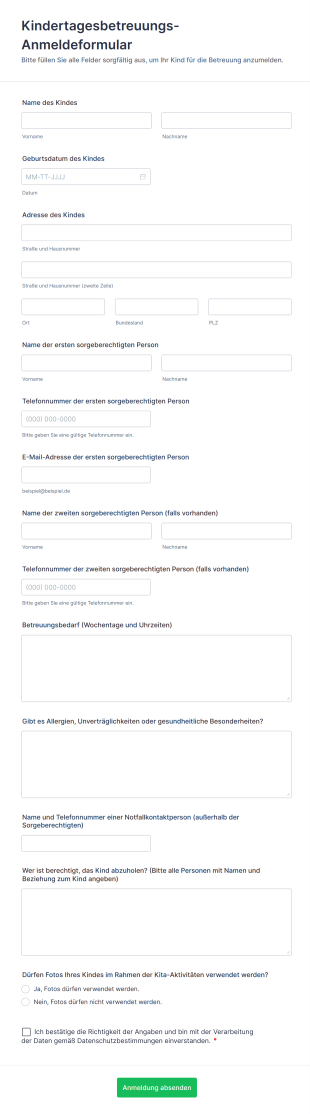 Kindertagesbetreuungs Anmeldeformular