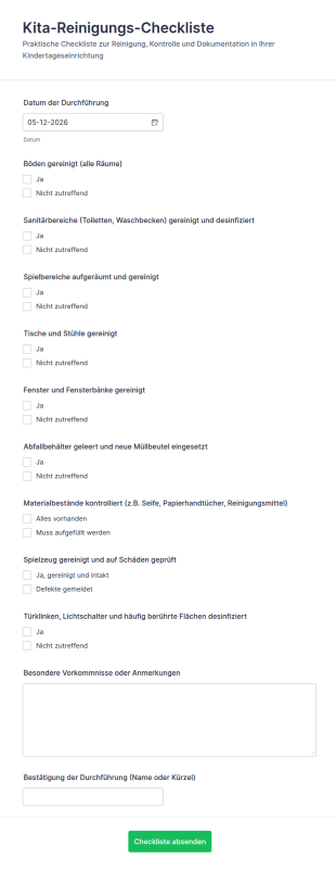Kindertagesstätten Reinigungs Checkliste Formular