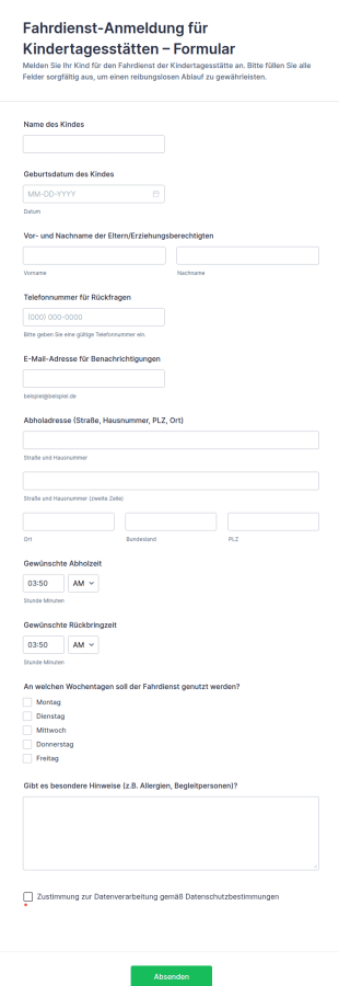Kindertagesstätten Transportanfrage Formular