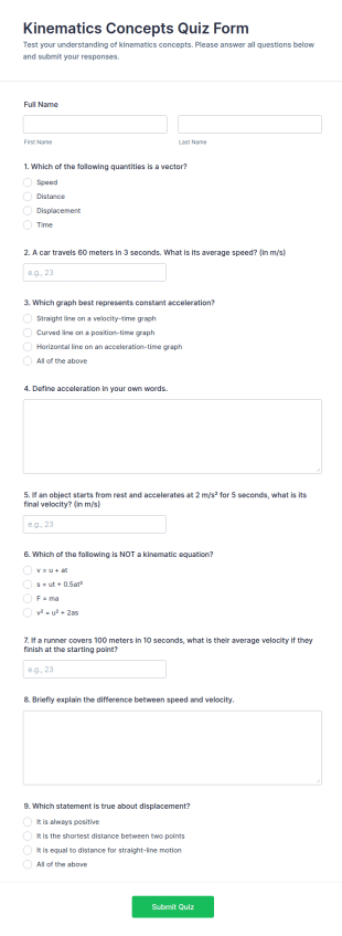 Kinematics Concepts Quiz Form Template