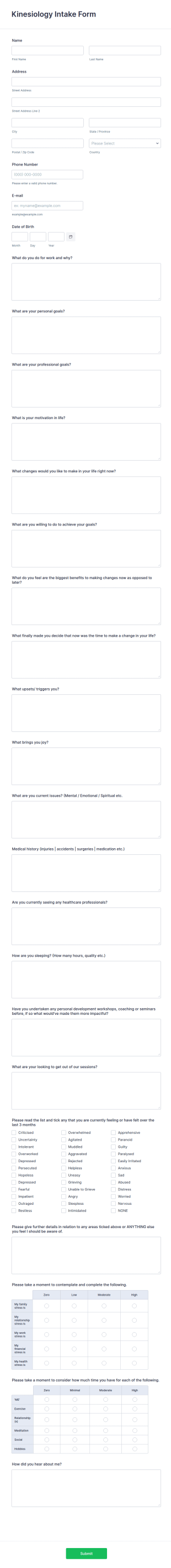 Kinesiology Intake Form Template