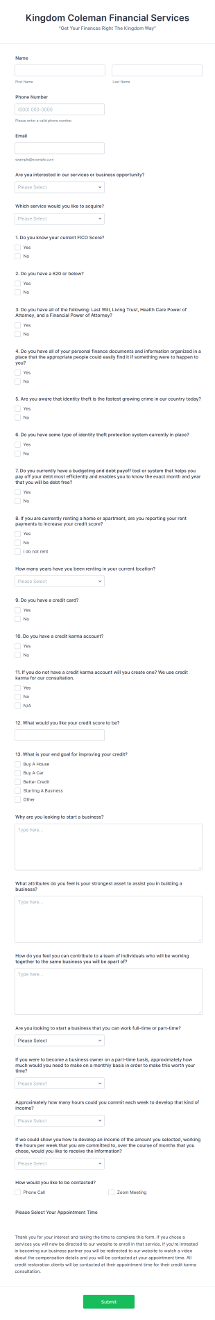 Financial Services Intake Form Template