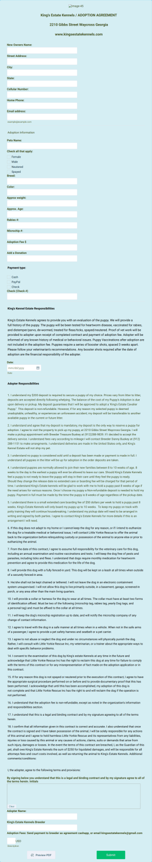 King's Estate Kennels Adoption AgreementContract Form Template