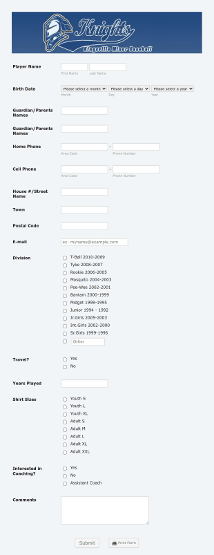 Minor Baseball Registration Form Template