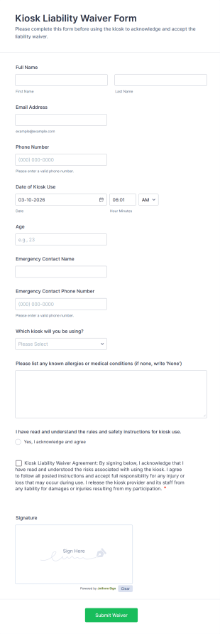 Kiosk Liability Waiver Form Template