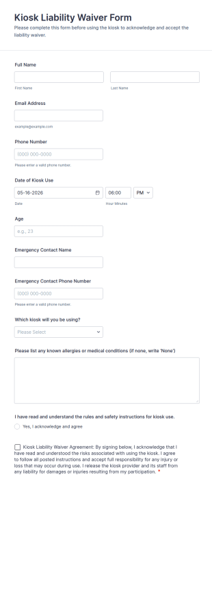 Kiosk Liability Waiver Form Template