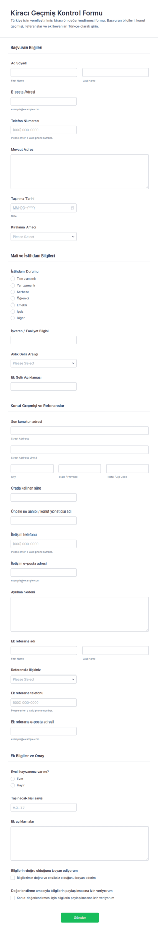Kira Adayı Geçmiş Kontrolü Anketi Form Şablonu