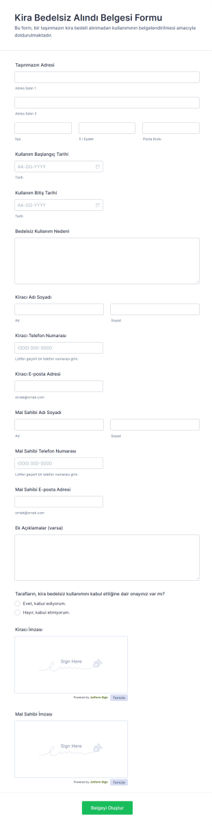 Kira Bedelsiz Alındı Belgesi Form Şablonu