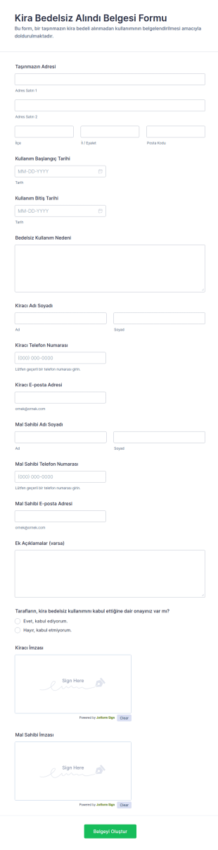 Kira Bedelsiz Alındı Belgesi Form Şablonu