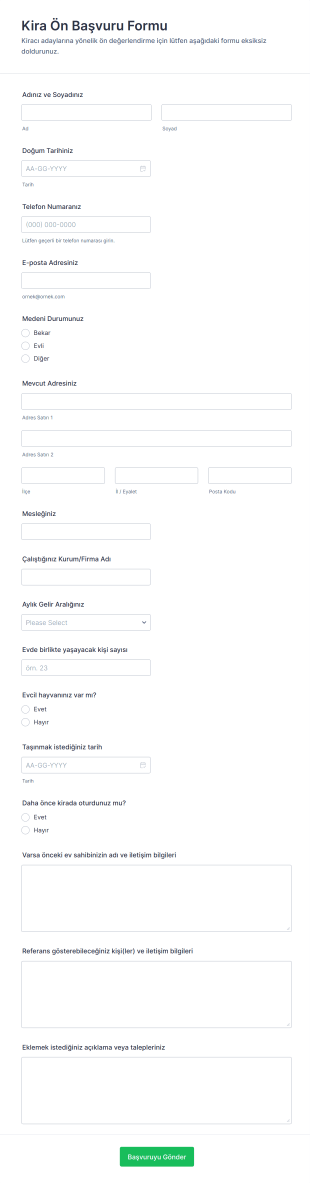Kira Ön Başvuru Form Şablonu
