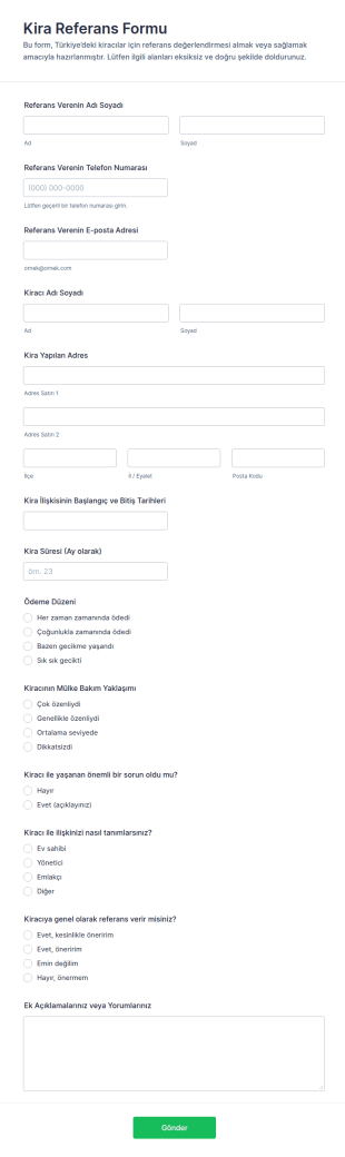 Kira Referansları Anketi Form Şablonu