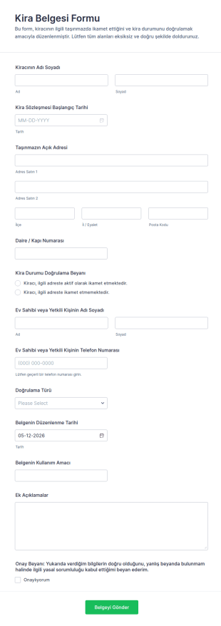 Kira Sertifikası Form Şablonu