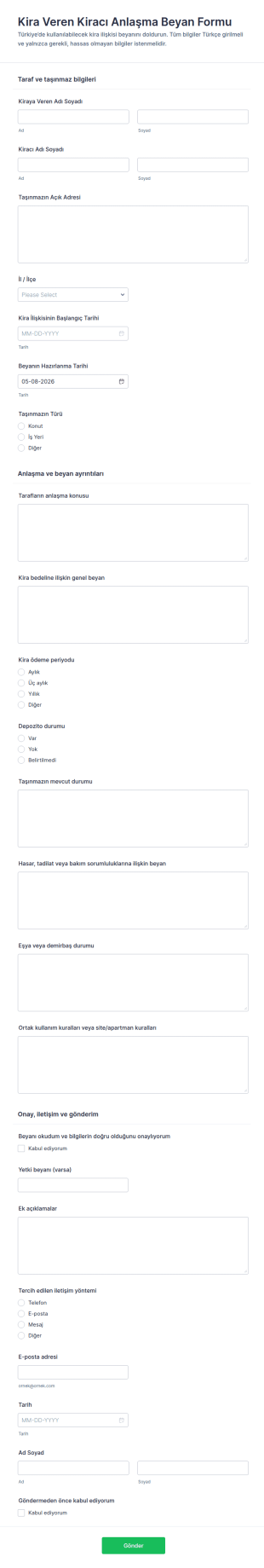 Kira Sözleşmesi Beyan Form Şablonu