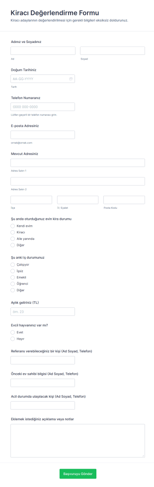Kiracı Değerlendirme Form Şablonu