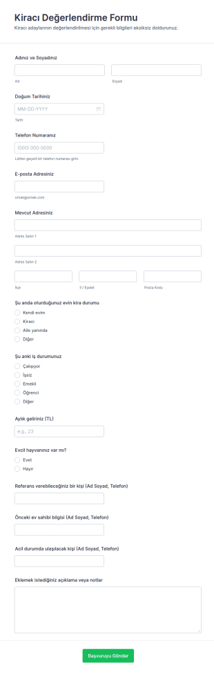 Kiracı Değerlendirme Form Şablonu